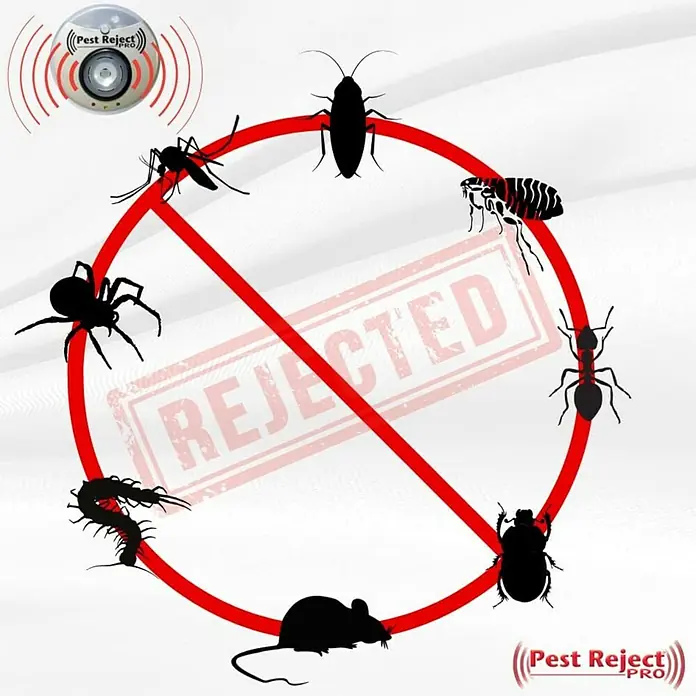 Insektenvernichter Pest Reject Pro V2 - 3,2 W, Wirkungsbereich: 200 m² - Pest Reject Pro Illustration, die verschiedene Schädlinge um einen roten Kreis mit einem roten Querstrich und der Aufschrift "Abgelehnt" zeigt.