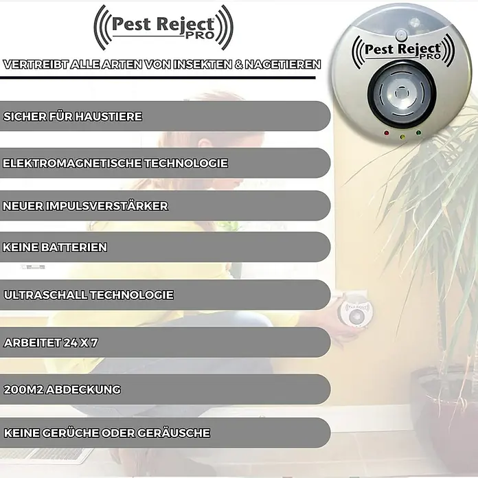 Insektenvernichter Pest Reject Pro V2 - 3,2 W, Wirkungsbereich: 200 m² - Abbildung eines Pest Reject Pro Schädlingsbekämpfers mit Beschreibungen seiner Funktionen, wie Ultraschall-Technologie.