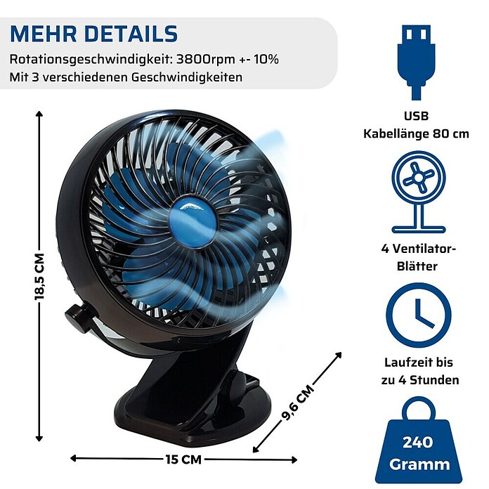 Tischventilator Fast Fan (Schwarz, L x B x H: 9,6 x 15 x 18,5 cm, Akkubetrieben)