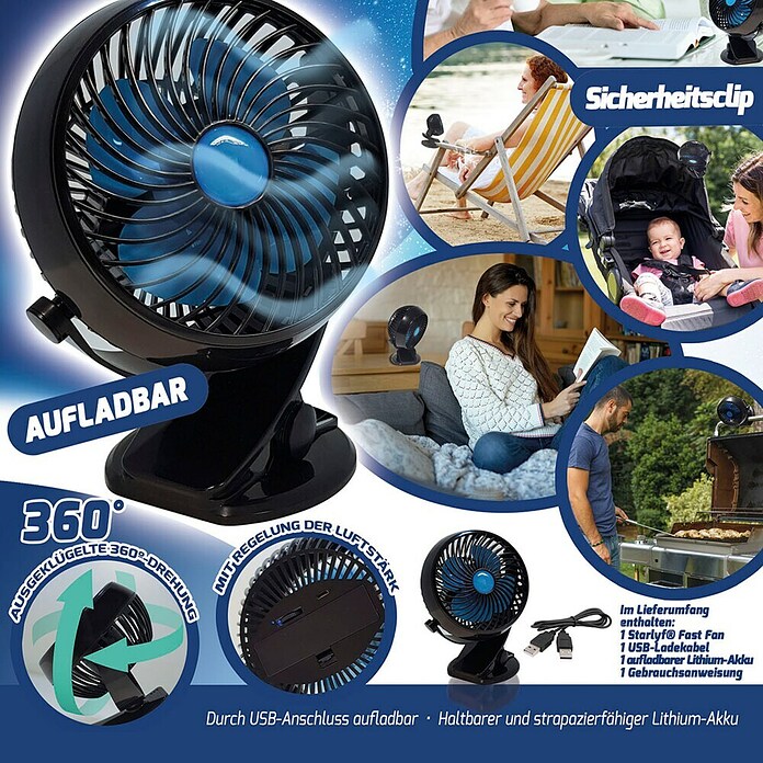 Tischventilator Fast Fan (Schwarz, L x B x H: 9,6 x 15 x 18,5 cm, Akkubetrieben)