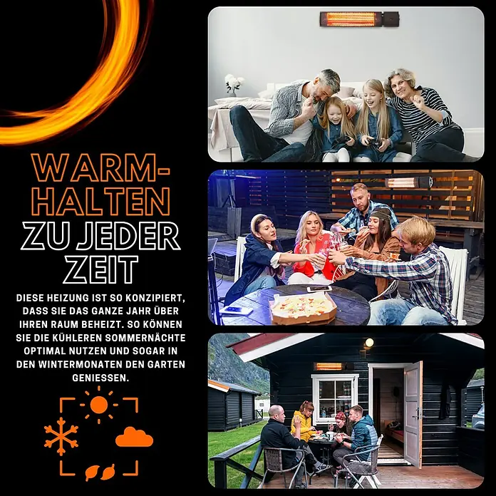 Starlyf Infrarot-Heizstrahler Radiant Heater - 7,2 x 67,5 x 10,5 cm, 2.000 W, Schwarz - Dieses Bild zeigt eine Infrarotheizung in verschiedenen Anwendungsszenarien, die das ganze Jahr über für Wärme sorgt.