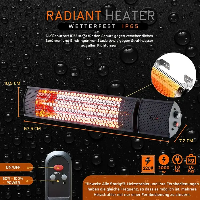 Starlyf Infrarot-Heizstrahler Radiant Heater - 7,2 x 67,5 x 10,5 cm, 2.000 W, Schwarz - Abbildung eines Radiant Heaters, wetterfest IP65, mit den Maßen 10,5 cm x 67,5 cm x 7,2 cm und einer Fernbedienung.