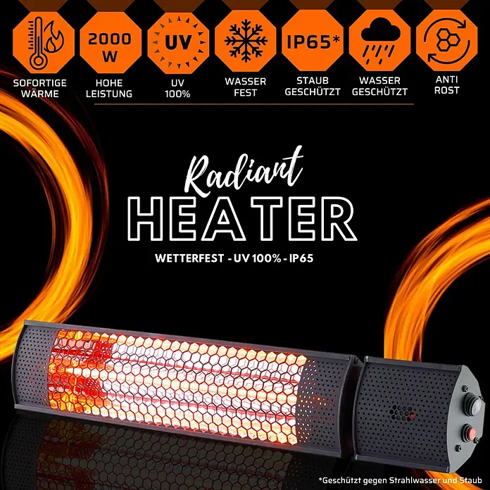 Starlyf Infrarot-Heizstrahler Radiant Heater - 7,2 x 67,5 x 10,5 cm, 2.000 W, Schwarz - Bild einer Radiant HEATER Heizung mit verschiedenen Eigenschaften wie UV-Schutz und Wasserfestigkeit.