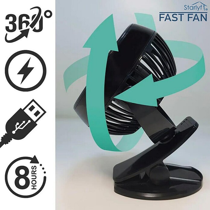 Tischventilator Fast Fan (Schwarz, L x B x H: 9,6 x 15 x 18,5 cm, Akkubetrieben)