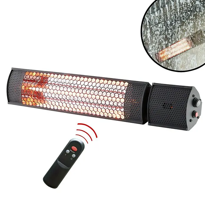 Starlyf Infrarot-Heizstrahler Radiant Heater - 7,2 x 67,5 x 10,5 cm, 2.000 W, Schwarz - Nahaufnahme einer Infrarotheizung mit Fernbedienung, die Wärme abstrahlt, ideal für den Außenbereich.