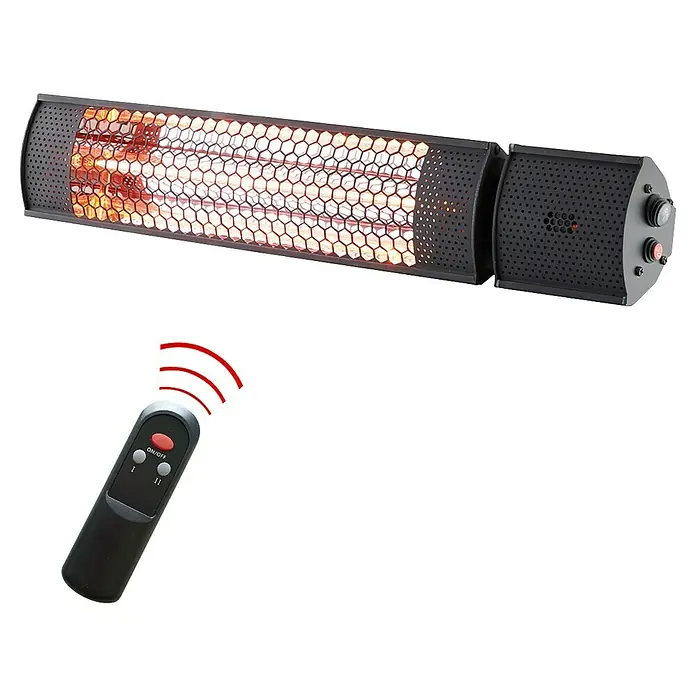 Starlyf Infrarot-Heizstrahler Radiant Heater - 7,2 x 67,5 x 10,5 cm, 2.000 W, Schwarz - Bild einer Infrarotheizung mit Fernbedienung. Sie ist schwarz und hat ein Wabendesign. Die Fernbedienung hat Tasten zum Ein- und Ausschalten.