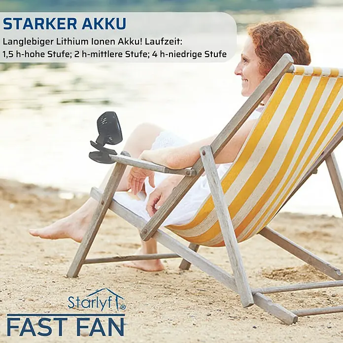 Starlyf Tischventilator Fast Fan - Schwarz/Blau - Eine Frau entspannt am Strand im Liegestuhl mit einem kleinen, tragbaren Starlyf Fast Fan.