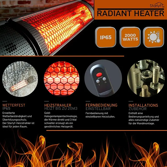Starlyf Infrarot-Heizstrahler Radiant Heater - 7,2 x 67,5 x 10,5 cm, 2.000 W, Schwarz - Produktbild eines Starlyf Radiant Heaters mit verschiedenen Features wie IP65, 2000 Watt, Fernbedienung und Installationszubehör.