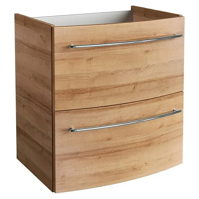 Camargue Excelsior Waschbeckenunterschrank - 59,2 x 44,1 x 63 cm, Berg Eiche - Moderne Badezimmerkommode in Holzoptik mit zwei Schubladen und eleganten, gebogenen Griffen für ein stilvolles Ambiente im Bad.