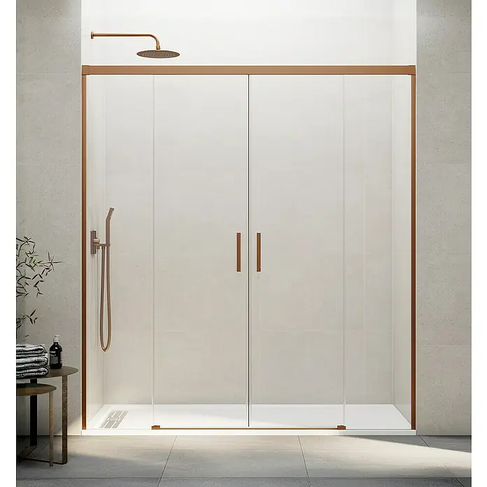 GME Mampara de ducha frontal Basic Spazio - 200 x 196 cm, Vidrio transparente, Longitud regulable: 190 cm - 200 cm, Cobre - Elegante zona de ducha con una moderna cabina de ducha de vidrio, elegantemente acentuada con marcos y accesorios de bronce.