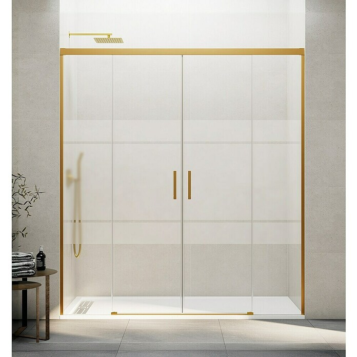 GME Mampara de ducha frontal corredera Basic Spazio (162 x 196 cm, Vidrio serigrafiado, Longitud regulable: 152 cm - 162 cm, Oro) | BAUHAUS