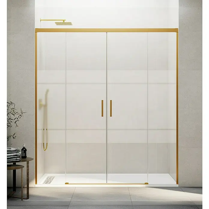 GME Mampara de ducha frontal Basic Spazio - 172 x 195 cm, Vidrio serigrafiado, Longitud regulable: 162 cm - 172 cm, Oro - Elegante cabina de ducha con detalles dorados. Las puertas de cristal y el marco dorado crean un ambiente lujoso.