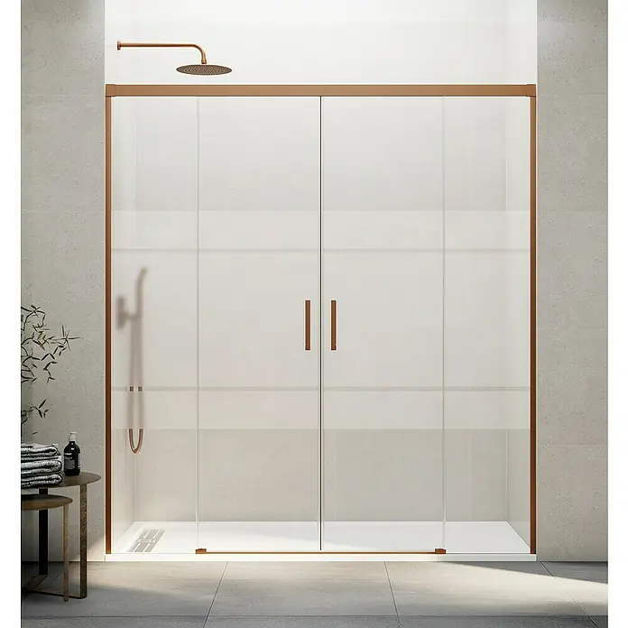 GME Mampara de ducha frontal Basic Spazio - 142 x 195 cm, Vidrio serigrafiado, Longitud regulable: 132 cm - 142 cm, Cobre - Elegante cabina de ducha con marco y manijas de bronce que complementa un diseño de baño moderno. Ideal para cuartos húmedos elegantes.