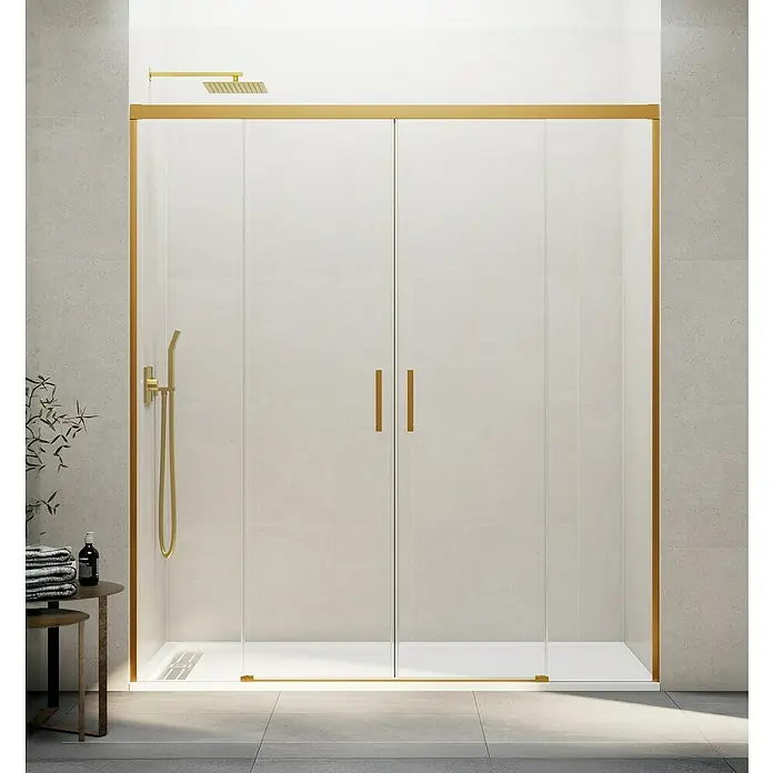 GME Mampara de ducha frontal Basic Spazio - 162 x 196 cm, Vidrio transparente, Longitud regulable: 152 cm - 162 cm, Oro - Elegante cabina de ducha con acabado dorado, puertas correderas y accesorios de ducha para un baño lujoso.