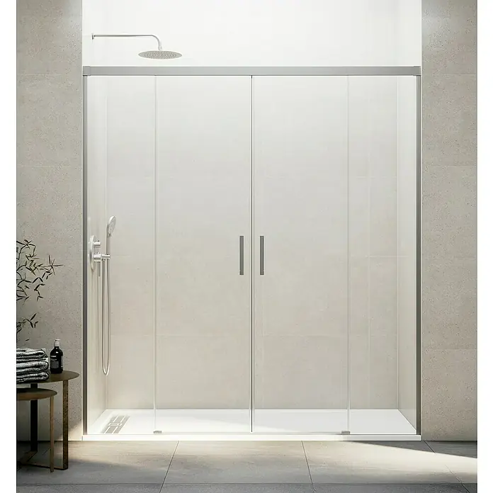 GME Mampara de ducha frontal Basic Spazio - 182 x 196 cm, Vidrio transparente, Longitud regulable: 172 cm - 182 cm, Nickel - Un baño moderno con una ducha a ras de suelo con puertas correderas de vidrio, que ofrece un diseño elegante y minimalista.
