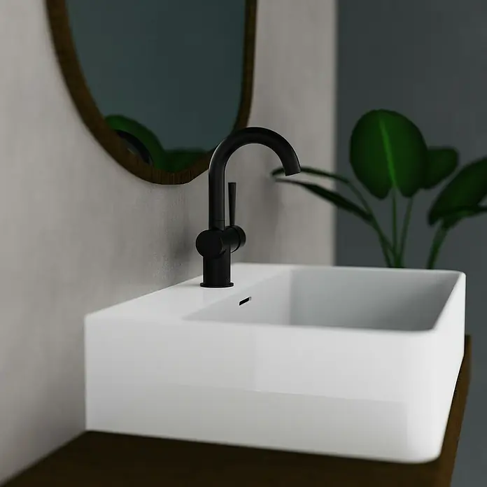 Camargue Waschtischarmatur Merida - Schwarz, Matt - Nahaufnahme eines modernen Waschbeckens mit schwarzem Wasserhahn, das eine elegante und minimalistische Badezimmergestaltung zeigt.