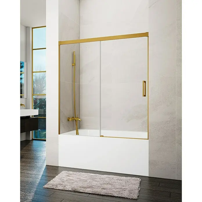 GME Mampara para bañera Basic - An x Al: 170 x 150 cm, Vidrio transparente, Oro - Elegante mampara de bañera con marco dorado. La mampara de ducha tiene una puerta corredera y encaja perfectamente en baños modernos.