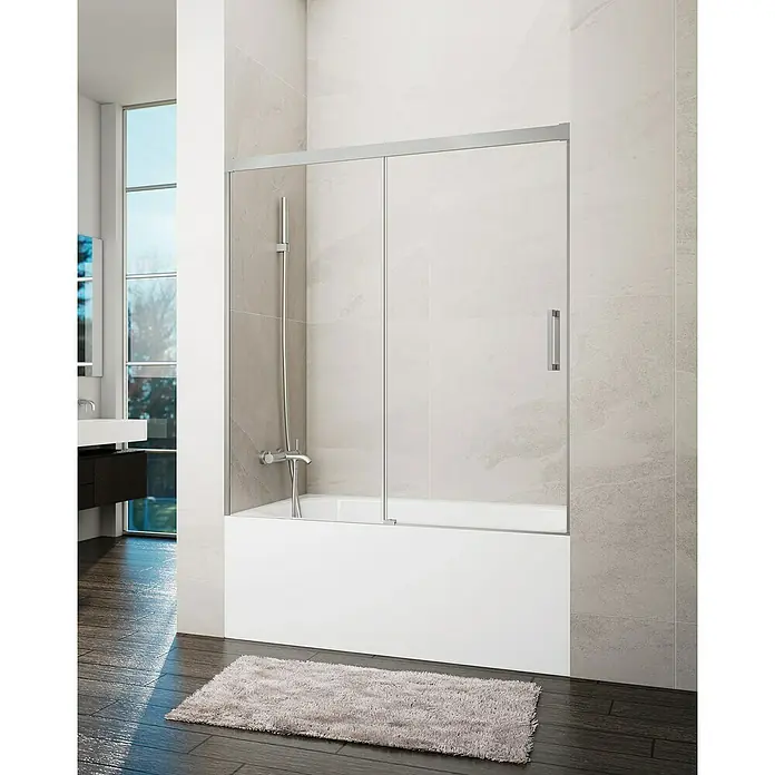 GME Mampara para bañera Basic - An x Al: 150 x 150 cm, Vidrio transparente, Níquel - La imagen muestra una bañera con una elegante puerta corredera de vidrio, que realza el diseño moderno y funcional del baño. Su diseño sencillo complementa los azulejos claros.