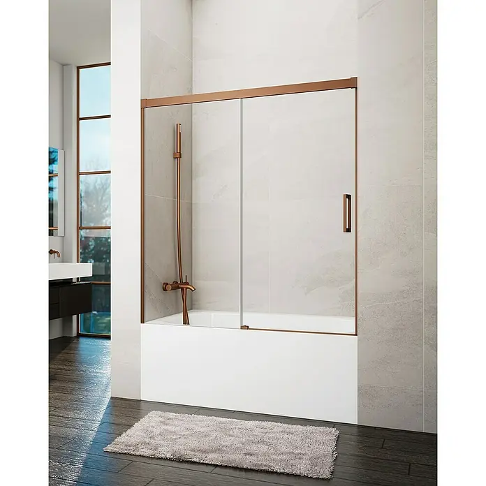 GME Mampara para bañera Basic - An x Al: 165 x 150 cm, Vidrio transparente, Cobre - Elegante bañera con mampara de cristal con marco de bronce y grifo en un diseño de baño moderno.