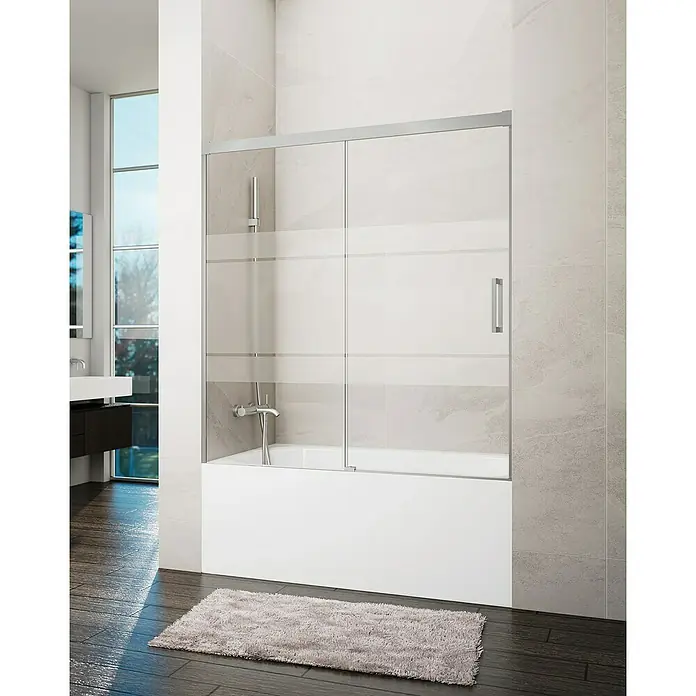 GME Mampara para bañera Basic - An x Al: 160 x 150 cm, Vidrio serigrafiado, Níquel - Un baño con bañera y una mampara de ducha con puertas correderas, con rayas para un toque moderno.