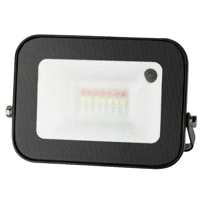 Alverlamp Proyector LED Memo - 20 W - Primer plano de un foco LED con carcasa negra y una fuente de luz rectangular brillante. Ideal para iluminar espacios exteriores.