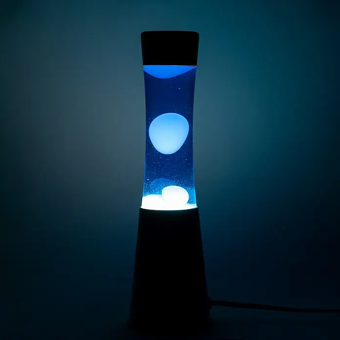 Lámpara de sobremesa decorativa lava mini - 25 W, L x An x Al: 9 x 9 x 30 cm, Blanco, Azul - Lámpara de lava azul con burbujas de cera suspendidas en el líquido, que ofrece una estética retro.