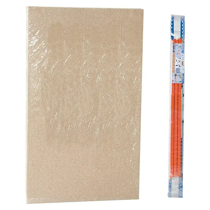 Simonrack Ecoforte Schwerlastregal Chipboard - H x B x T: 200 x 150 x 45 cm, Traglast pro Boden: 400 kg, Anzahl Böden: 4 Stk., Stecken, Blau/Orange - Ein verpacktes Korkbrett mit orangefarbenen Messlatten. Ideal für Büro, Schule oder Hobbyprojekte.