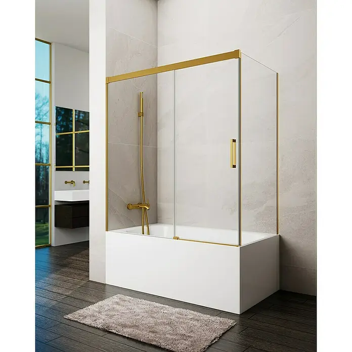 GME Mampara para bañera Basic - An x Al: 145 x 150 cm, Vidrio transparente, Oro, Lateral 70 - Elegante bañera con mampara de ducha y detalles dorados. Diseño elegante para baños modernos con materiales de alta calidad.