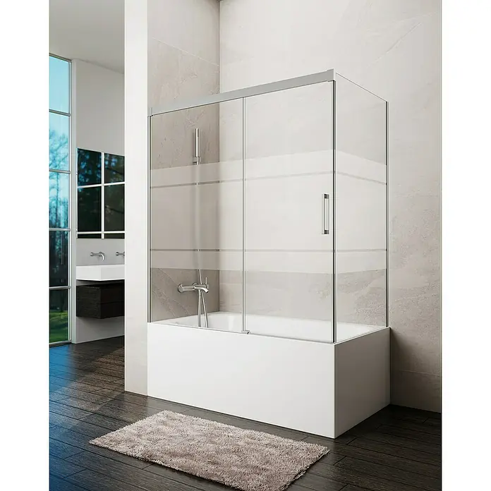 GME Mampara para bañera Basic - An x Al: 160 x 150 cm, Vidrio serigrafiado, Níquel, Lateral 70 - Baño con bañera moderna con mampara de vidrio y una alfombra elegante sobre un suelo de madera oscura.
