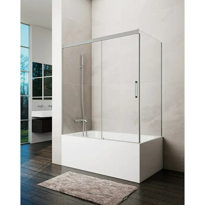 GME Mampara para bañera Basic - An x Al: 145 x 150 cm, Vidrio transparente, Níquel, Lateral 70 - Elegante baño con una bañera moderna complementada por una mampara de ducha de vidrio con estilo.
