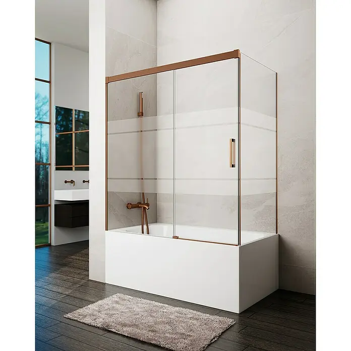 GME Mampara para bañera Basic - An x Al: 160 x 150 cm, Vidrio serigrafiado, Cobre, Lateral 75 - Un baño elegante con una bañera moderna y una mampara de ducha elegante con detalles en bronce.