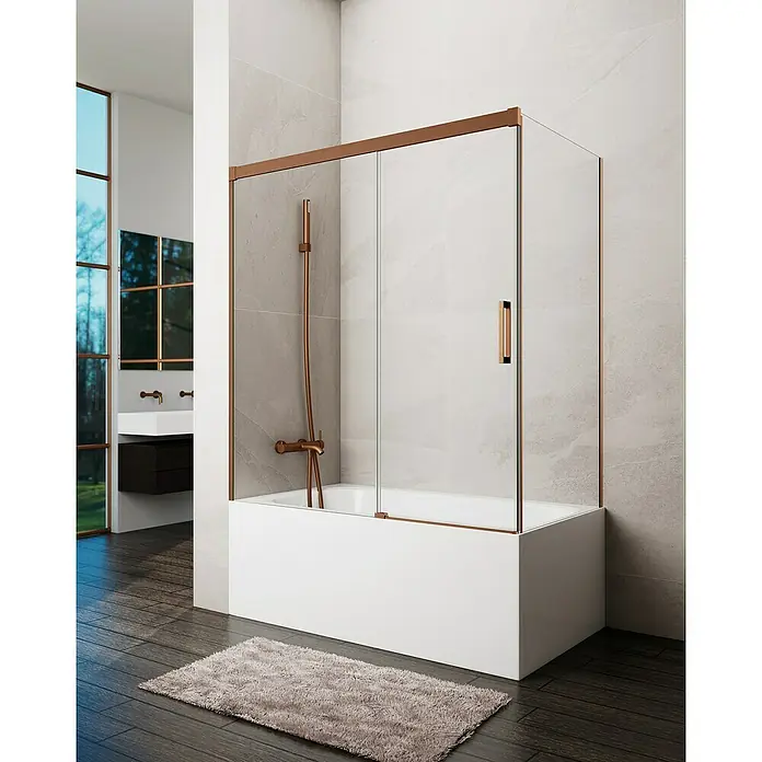 GME Mampara para bañera Basic - An x Al: 170 x 150 cm, Vidrio transparente, Cobre, Lateral 70 - Bañera moderna con mampara de ducha y detalles en bronce. El baño convence con un diseño elegante y materiales de alta calidad.