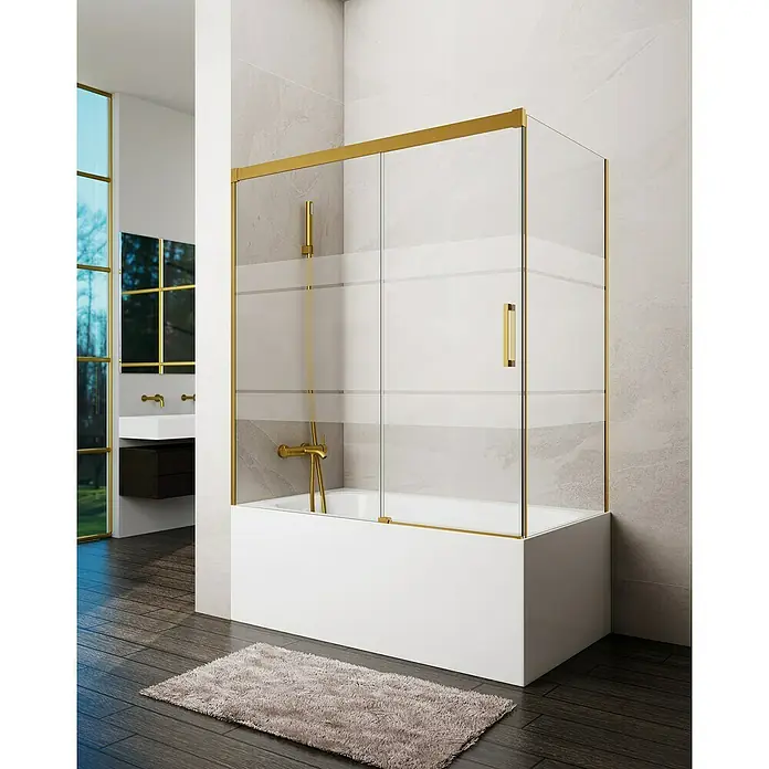 GME Mampara para bañera Basic - An x Al: 160 x 150 cm, Vidrio serigrafiado, Oro, Lateral 70 - Elegante mampara de bañera con marco dorado. El diseño simple se integra perfectamente en cualquier baño moderno.