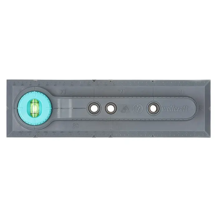 Wolfcraft Plantilla de perforación - Específico para: Instalación de cajetines eléctricos en ladrillo - Una plantilla de taladro multifunción de Wolfcraft, con un nivel de burbuja integrado y casquillos de taladro para una perforación precisa.