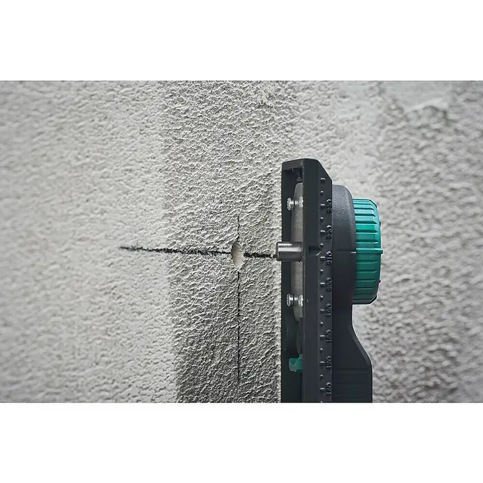 Wolfcraft Plantilla de perforación - Específico para: Instalación de cajetines eléctricos en ladrillo - Taladradora con profundidad de taladro ajustable en una pared de hormigón. El dispositivo permite realizar orificios precisos a la profundidad deseada.