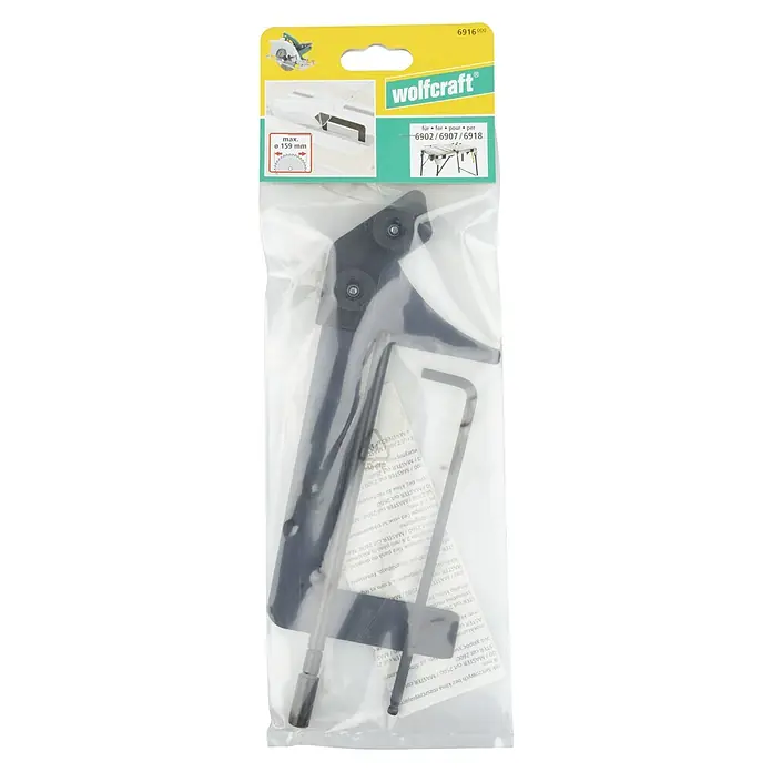 Wolfcraft Cuña de separación divisor 6916000 - Metal - Accesorio para mesa de sierra Wolfcraft que incluye un mango negro y una llave Allen, empaquetado en una bolsa de plástico transparente.