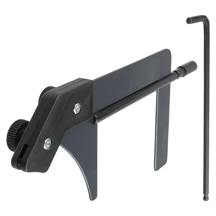Wolfcraft Cuña de separación divisor 6917000 - Metal - La imagen muestra un soporte con tornillos y una llave Allen sobre un fondo negro. Ideal para taller y aficionados al bricolaje.