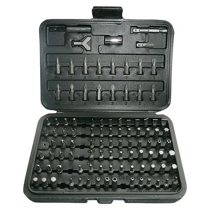 Set de puntas - 100 pzs. - Una caja de herramientas negra abierta que muestra una variedad de puntas de destornillador y herramientas bien organizadas en su interior.