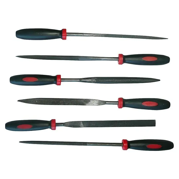 Set de limas - 6 pzs., Material empuñadura: Plástico - Imagen de varias limas de aguja, cada una con un mango.