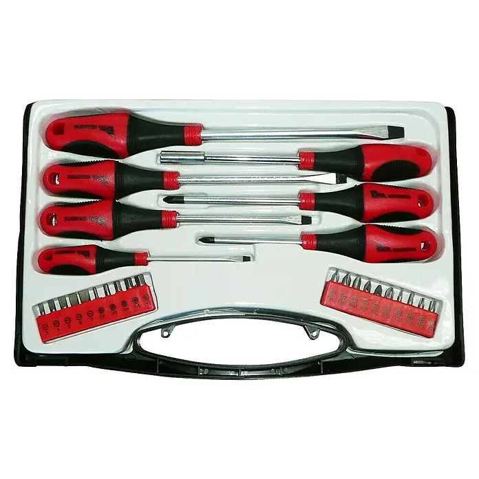 Set de destornilladores y 20 puntas - 7 pzs., Acero - Maletín de herramientas con destornilladores y puntas de varios tamaños y formas para reparaciones y proyectos de bricolaje.