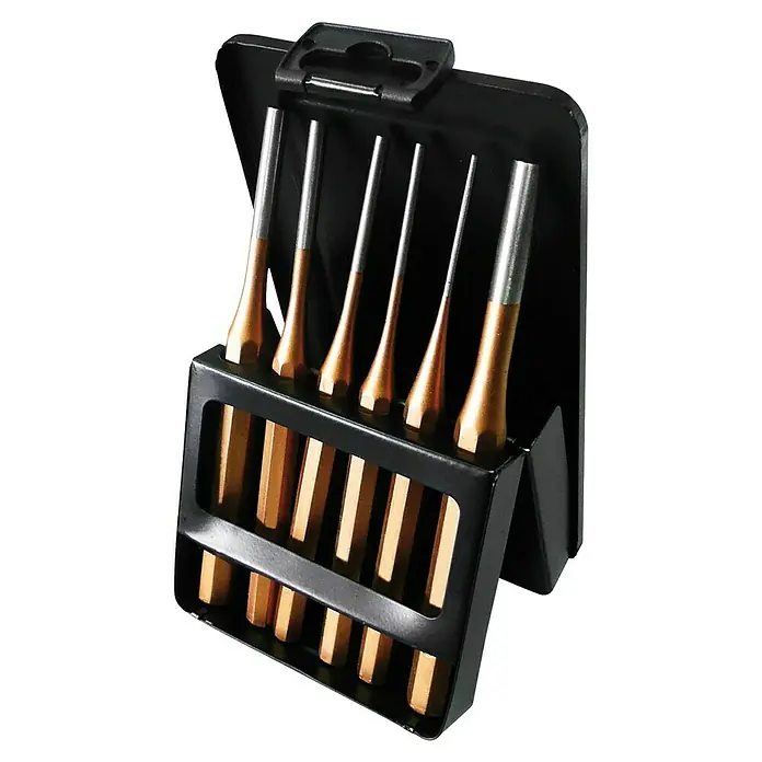 Punzón botador - 6 pzs. - Juego de botadores de pasadores en una caja de almacenamiento negra, ideal para trabajos precisos en taller y artesanía.