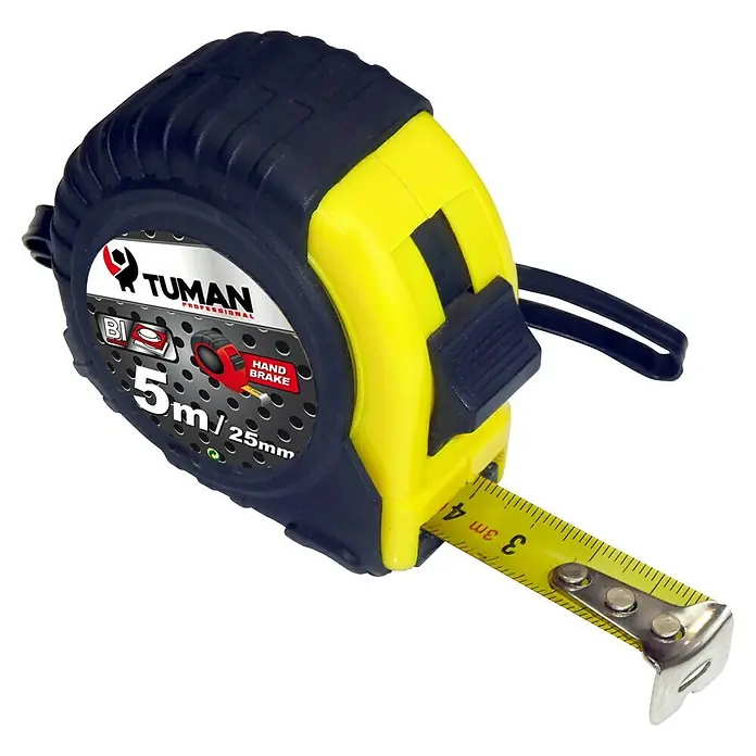 Cinta métrica extensible antigolpes - 5 m, Anchura de cinta: 25 mm - Cinta métrica Tuman amarilla y azul con cinta extendida que muestra claramente las marcas de metro.