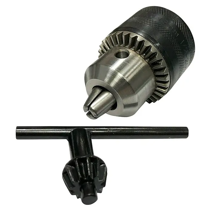 Portabrocas de cambio rápido - Alcance de sujeción: 1,5 mm - 13 mm, Metal - Portabrocas y llave correspondiente para taladros, ideal para sujetar brocas de varios tamaños de forma precisa y segura.