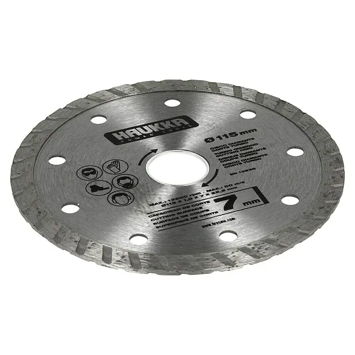 Disco de corte Turbo - Orificio: 22,23 mm - La imagen muestra un disco de corte de diamante HAUKKA de 115 mm, ideal para diversas aplicaciones de corte.