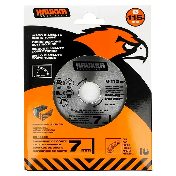 Disco de corte Turbo - Orificio: 22,23 mm - Imagen de un disco de corte de diamante turbo HAUKKA, ideal para cortar materiales de construcción, con un tamaño de 115 mm y un ancho de corte de 7 mm.