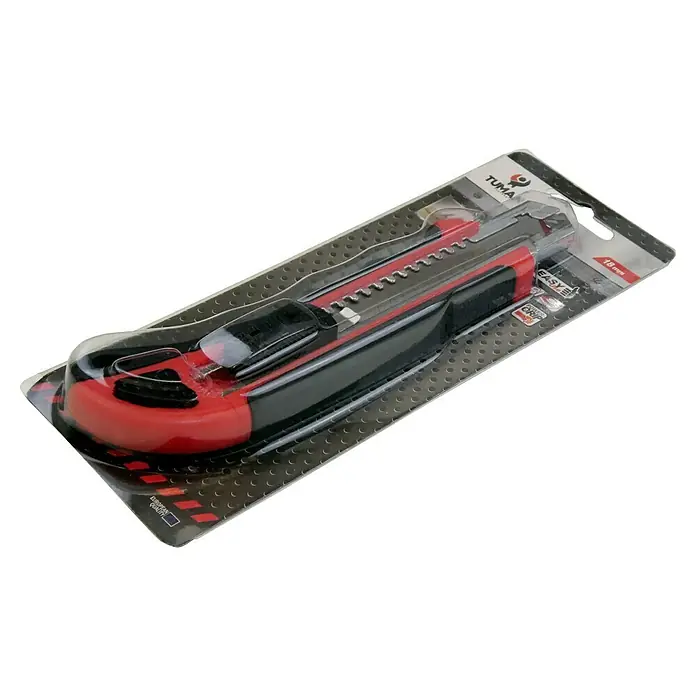 Cuchillo cúter - Anchura de hoja: 9 mm, Negro/Rojo - Cúter empaquetado en negro y rojo. Una herramienta práctica para diversas tareas de corte.