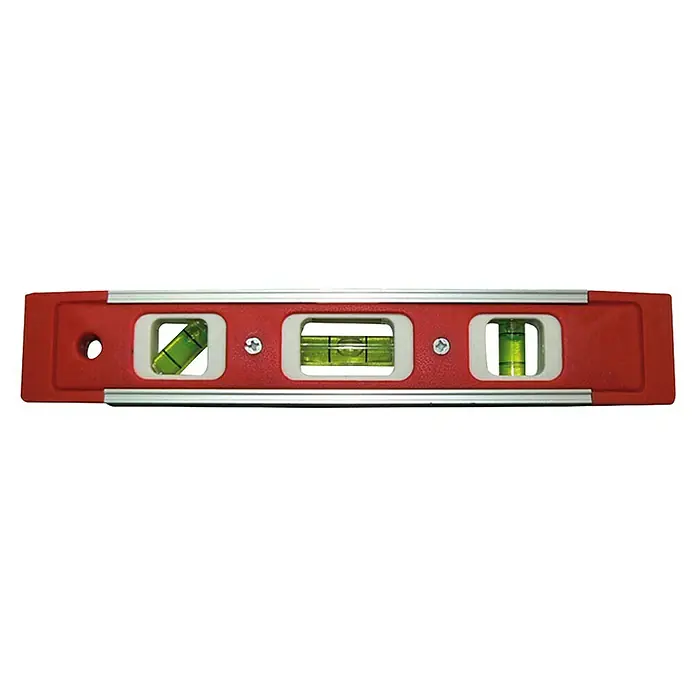 Nivel de burbuja - L x An x Al: 23 x 23 x 4 cm, Aluminio, Rojo - Un nivel de burbuja rojo con tres viales de burbuja que indican la inclinación. Útil para una alineación precisa en trabajos de construcción.