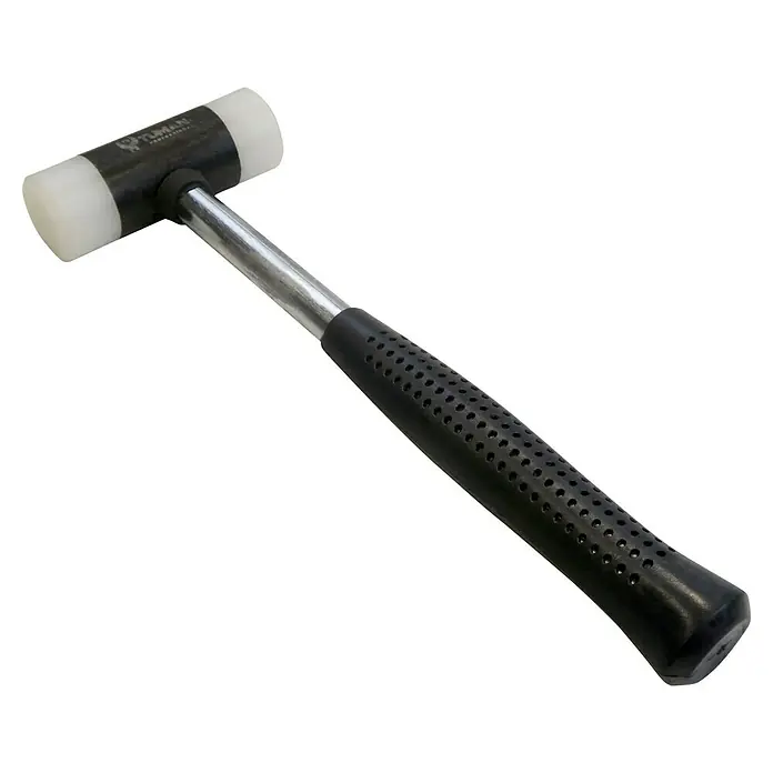 Martillo blando con mango de metal - Largo: 30 cm, Plástico - Imagen de un mazo de cara blanda con cabeza blanca y mango negro. Ideal para golpes suaves.