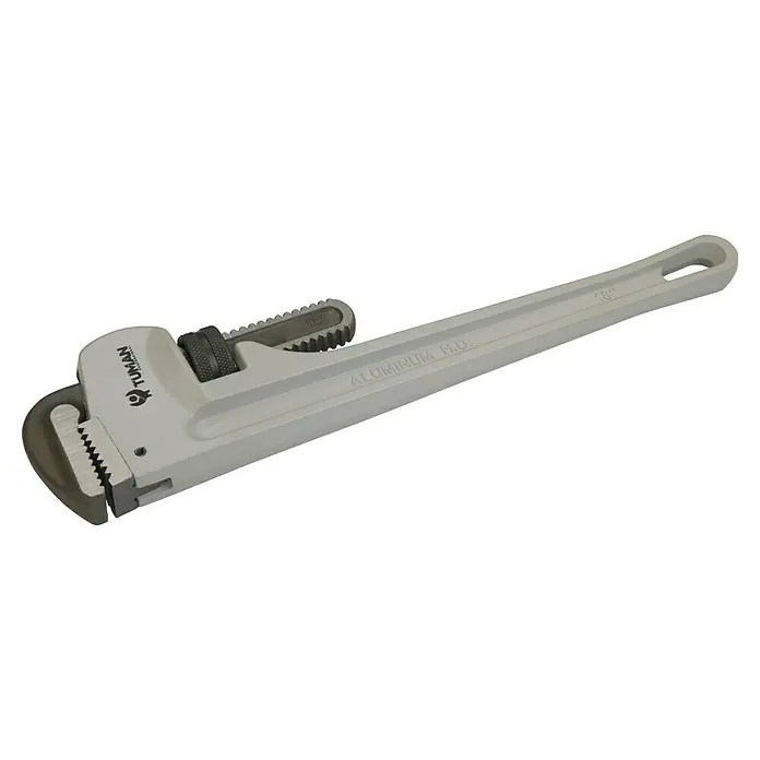 Llave ajustable 100910 - Largo: 300 mm - Una llave Stillson de aluminio de Tuman, ideal para trabajos de fontanería pesados. La herramienta se caracteriza por su robustez y durabilidad.