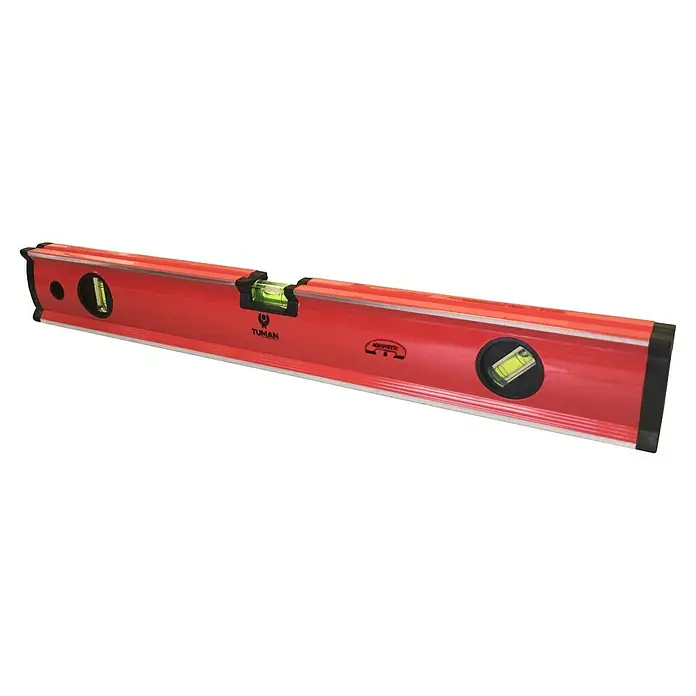 Nivel de burbuja 102651 - Largo: 40 cm, Aluminio, Rojo - Esta foto muestra un nivel de burbuja rojo Tuman con tres viales para una nivelación precisa. ¡Una herramienta esencial para artesanos!